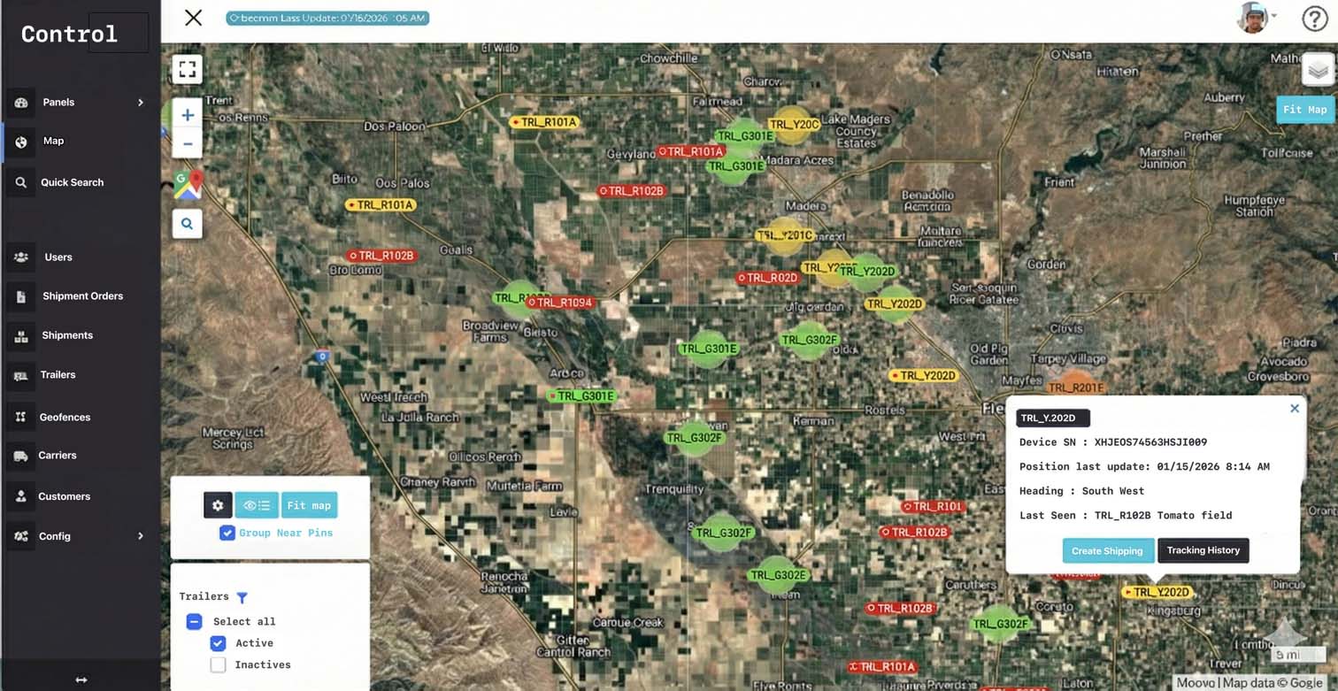 Moova Edge Dashboard showing real-time trailer and equipment tracking in field operations