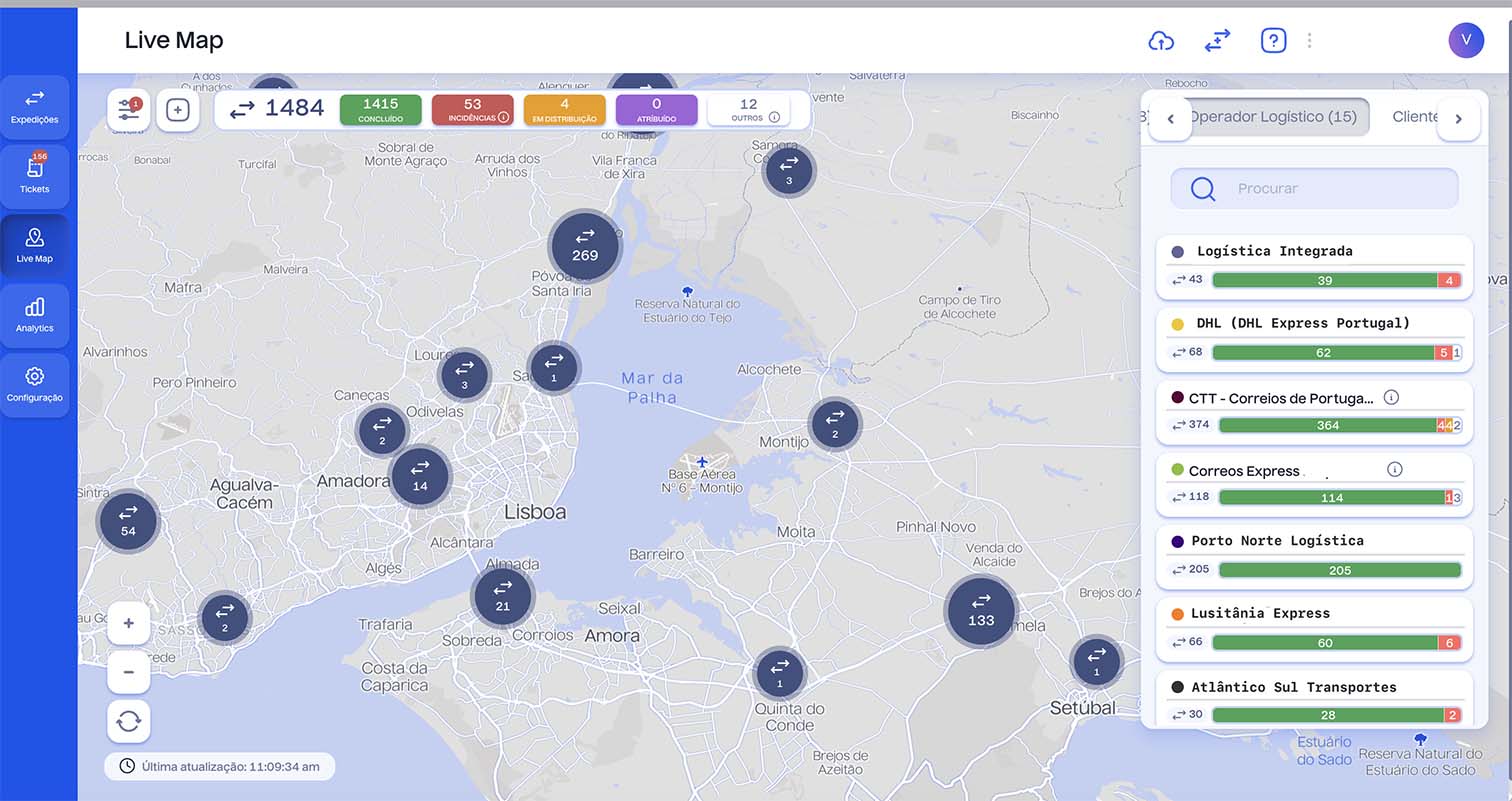 Moova Grip Control Tower showing real-time logistics operator tracking across Portugal
